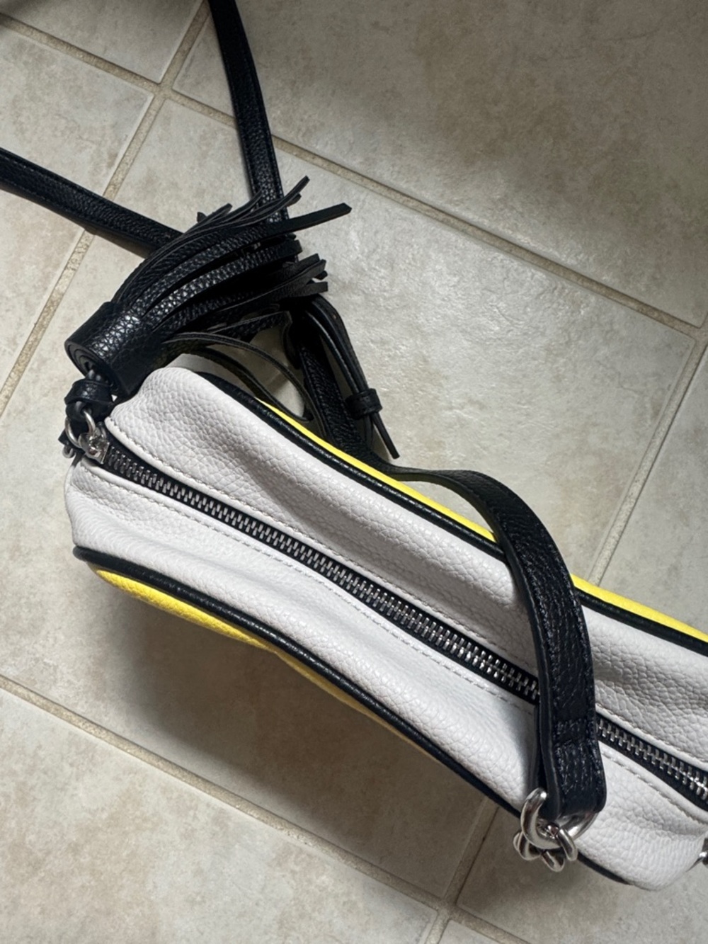 Tahari Yellow and White Crossbody Bag with Black Trim and Tassel - Picture 5 of 6